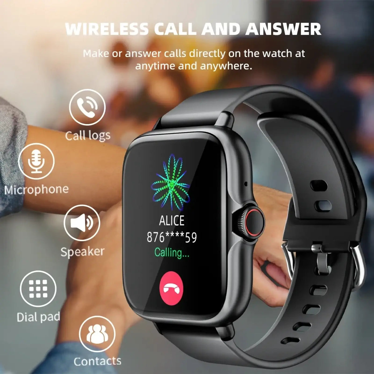 Black smartwatch with rectangular screen showing incoming call and red answer button, black strap, and circular crown for fitness tracking