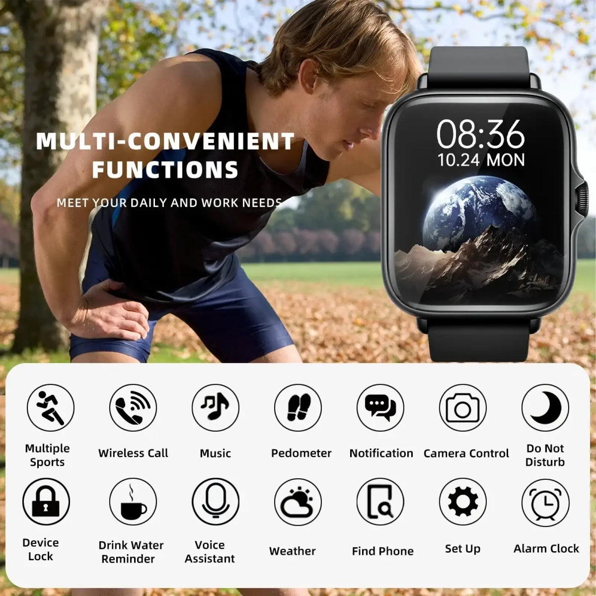 Black smartwatch with rectangular screen displaying time and date against earth image in rose gold fitness tracker design