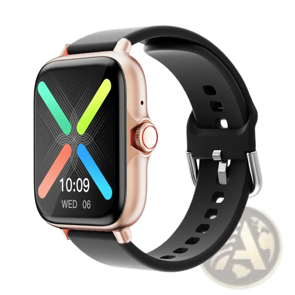 Rose gold smartwatch with black silicone strap and colorful abstract display equipped with Bluetooth fitness tracking