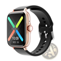 Rose gold smartwatch with black silicone strap and colorful abstract display equipped with Bluetooth fitness tracking