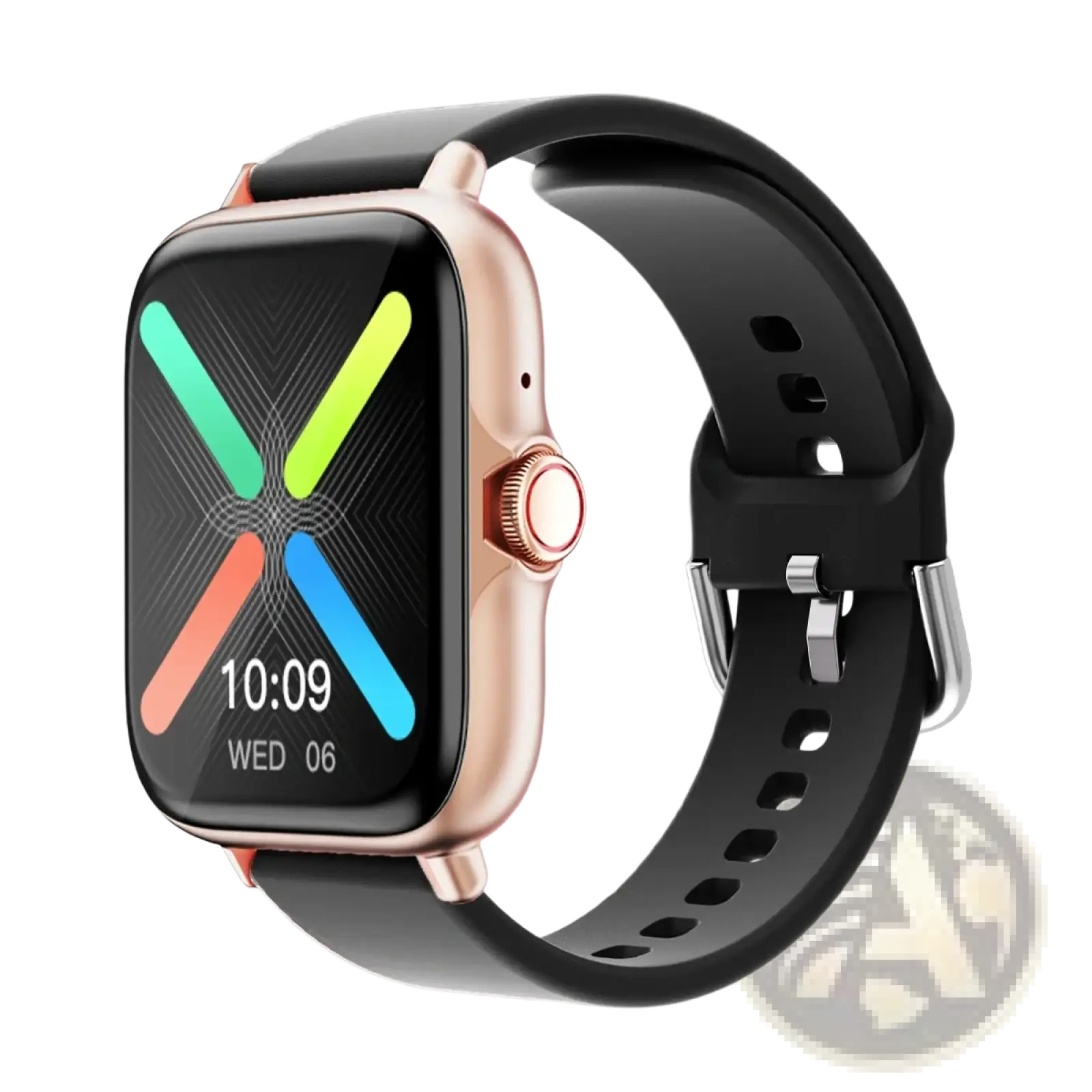 Rose gold smartwatch with black silicone strap and colorful abstract display equipped with Bluetooth fitness tracking
