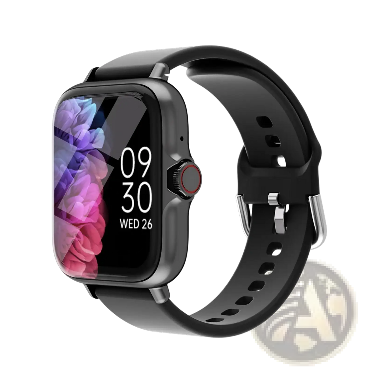Black smartwatch with vibrant floral display and matte silicone strap featuring a metallic buckle for fitness tracking