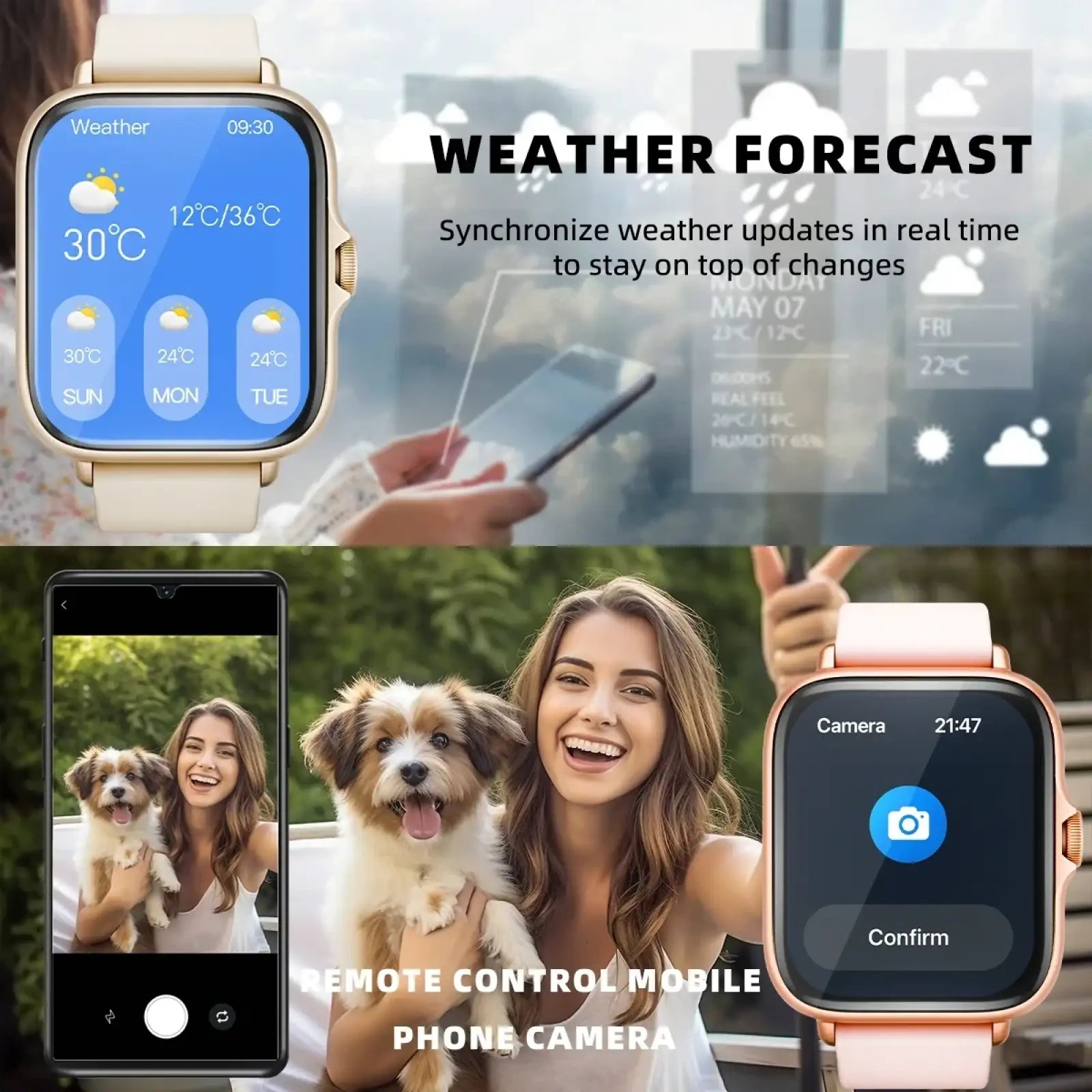 Rose gold smartwatch bluetooth fitness tracker with light pink silicone strap and square face showing weather and camera controls