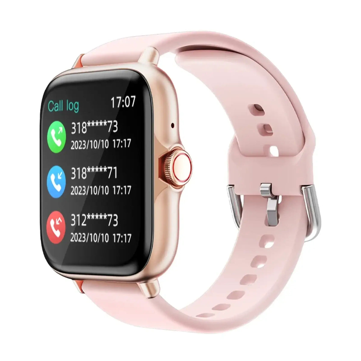 Rose gold smartwatch Bluetooth fitness tracker with a soft pink silicone strap and rectangular touchscreen call display