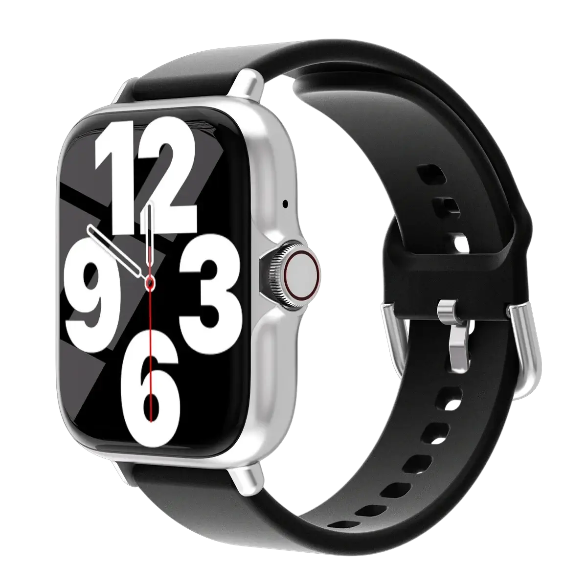 Silver-framed smartwatch bluetooth fitness tracker with black silicone strap and bold white numerals on screen