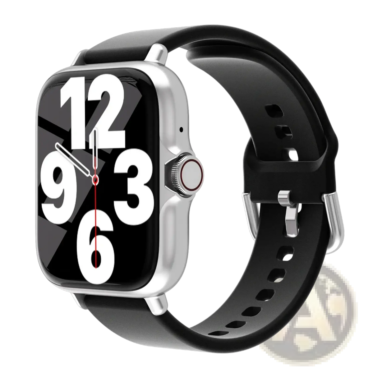 Silver-framed smartwatch bluetooth fitness tracker with black silicone strap and bold white numerals on screen