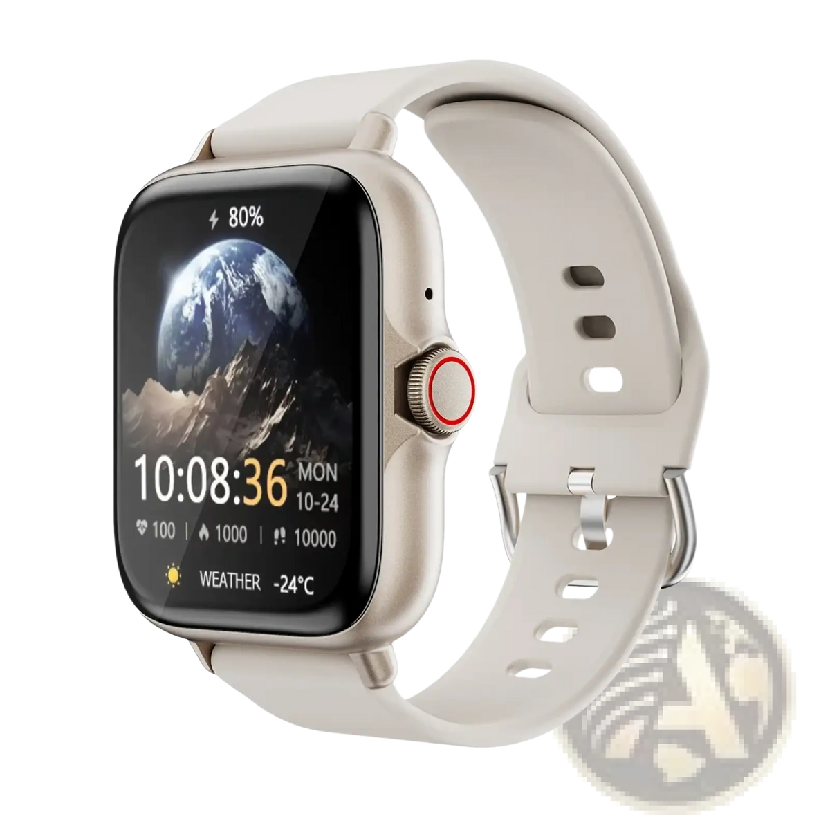 Beige smartwatch bluetooth fitness tracker with sleek metallic case, matching silicone strap, and red-accented circular crown