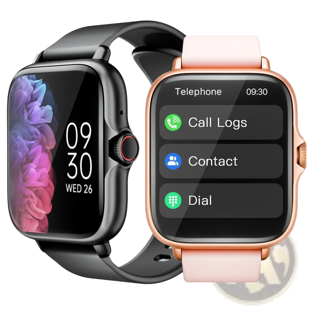 Two smartwatches with bluetooth fitness tracking in black and rose gold silicone bands displaying floral and phone interfaces