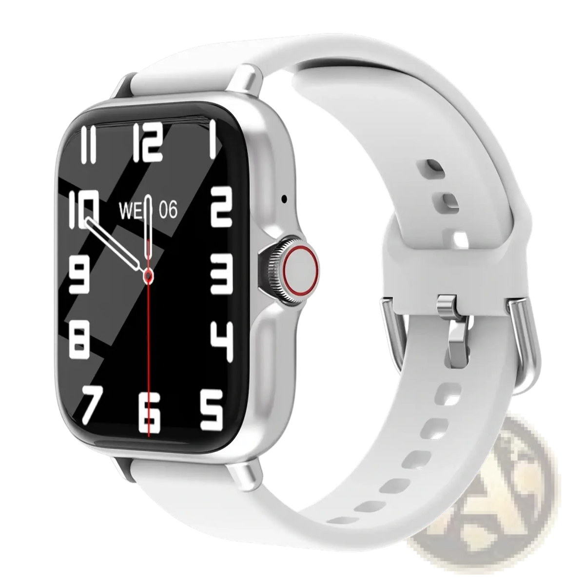 Smartwatch bluetooth fitness tracker with white silicone strap silver metallic case and black digital display with white numerals