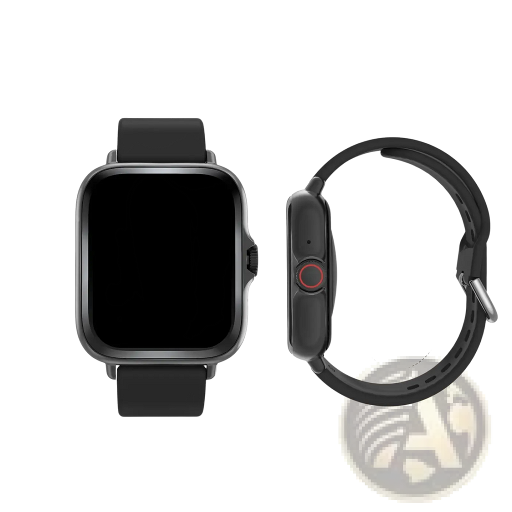 Black smartwatch with rectangular screen silicone strap featuring bluetooth wireless calling and fitness tracking functions