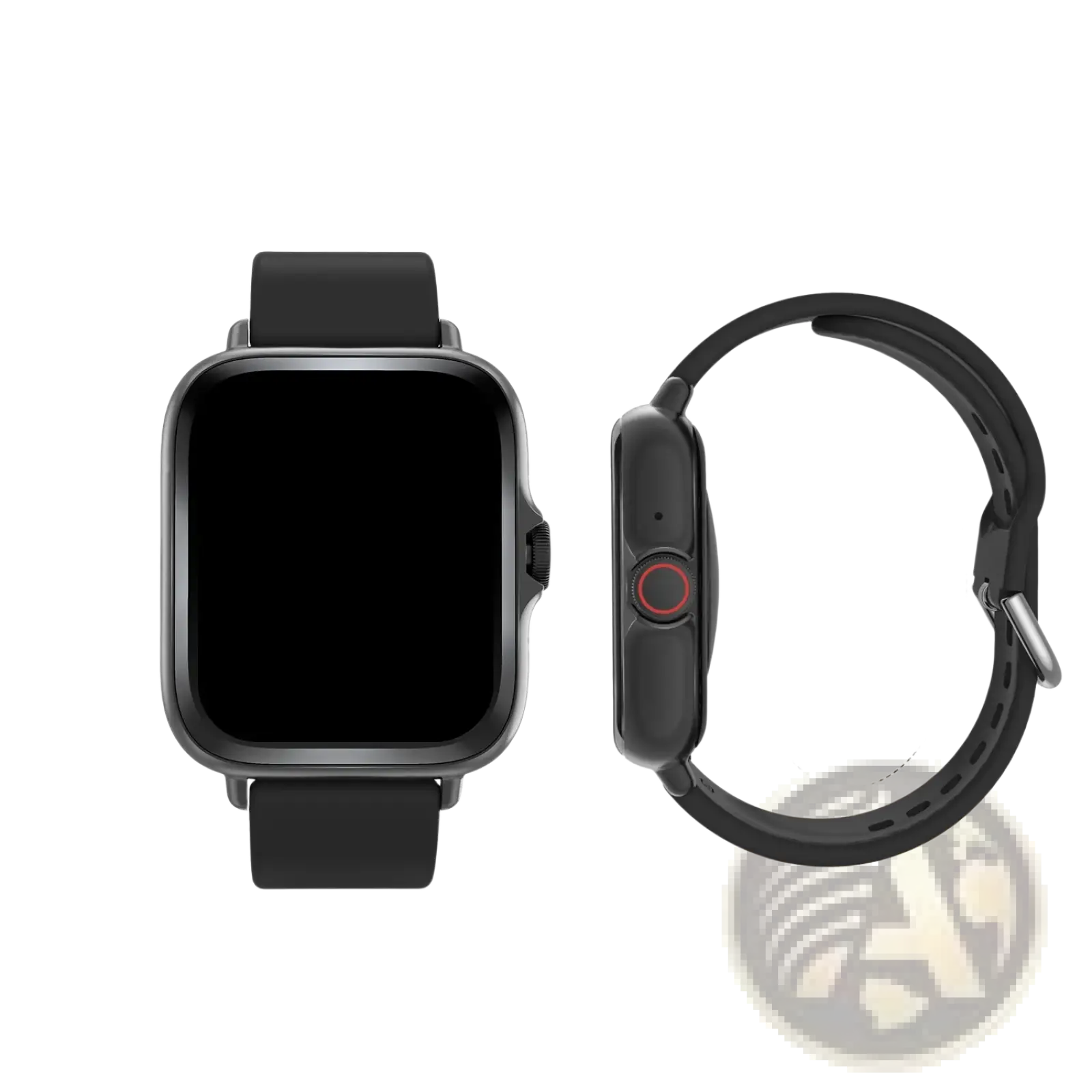 Black smartwatch with rectangular screen silicone strap featuring bluetooth wireless calling and fitness tracking functions