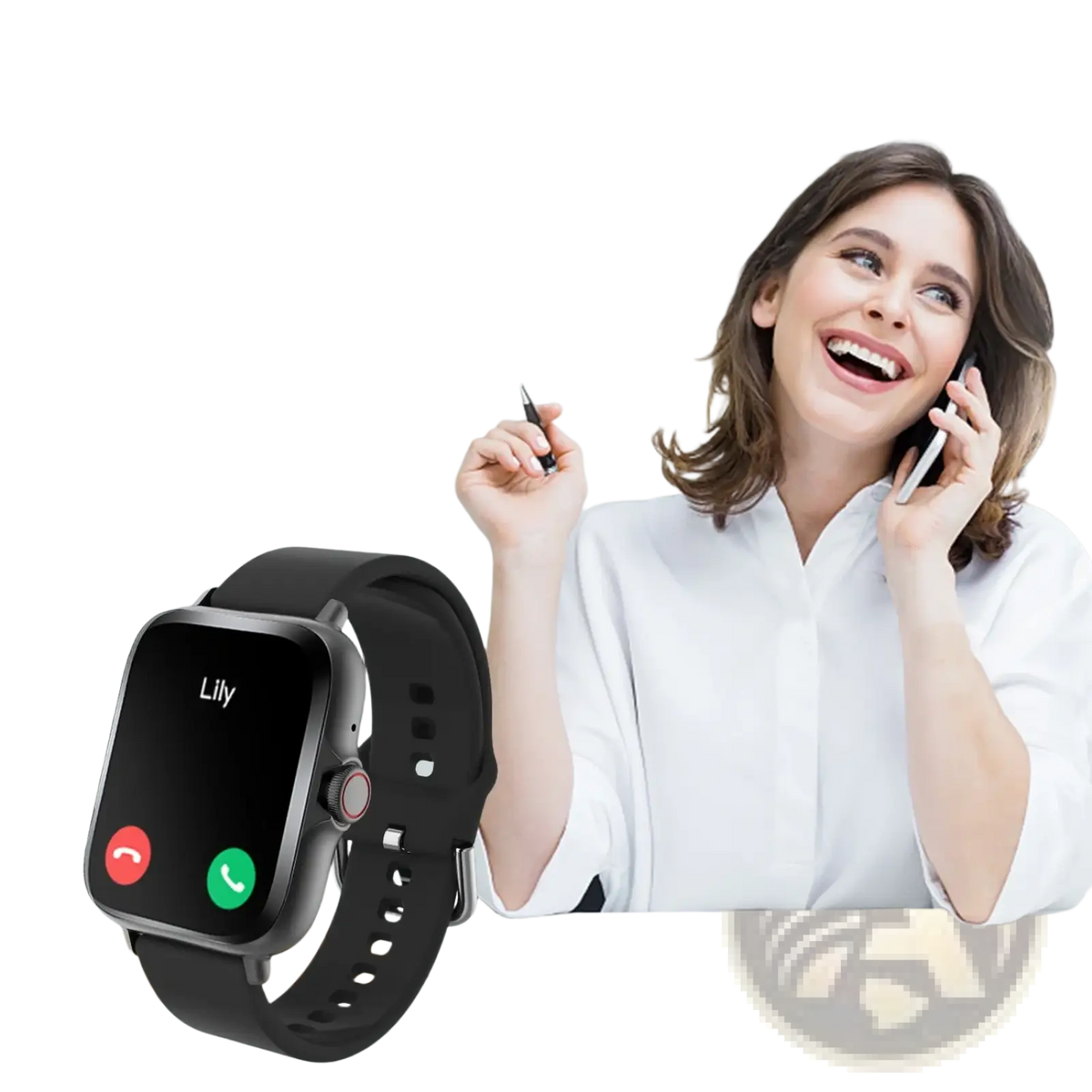 Black smartwatch with rectangular screen showing incoming call from lily and red decline and green accept buttons for Bluetooth wireless calling fitness tracking