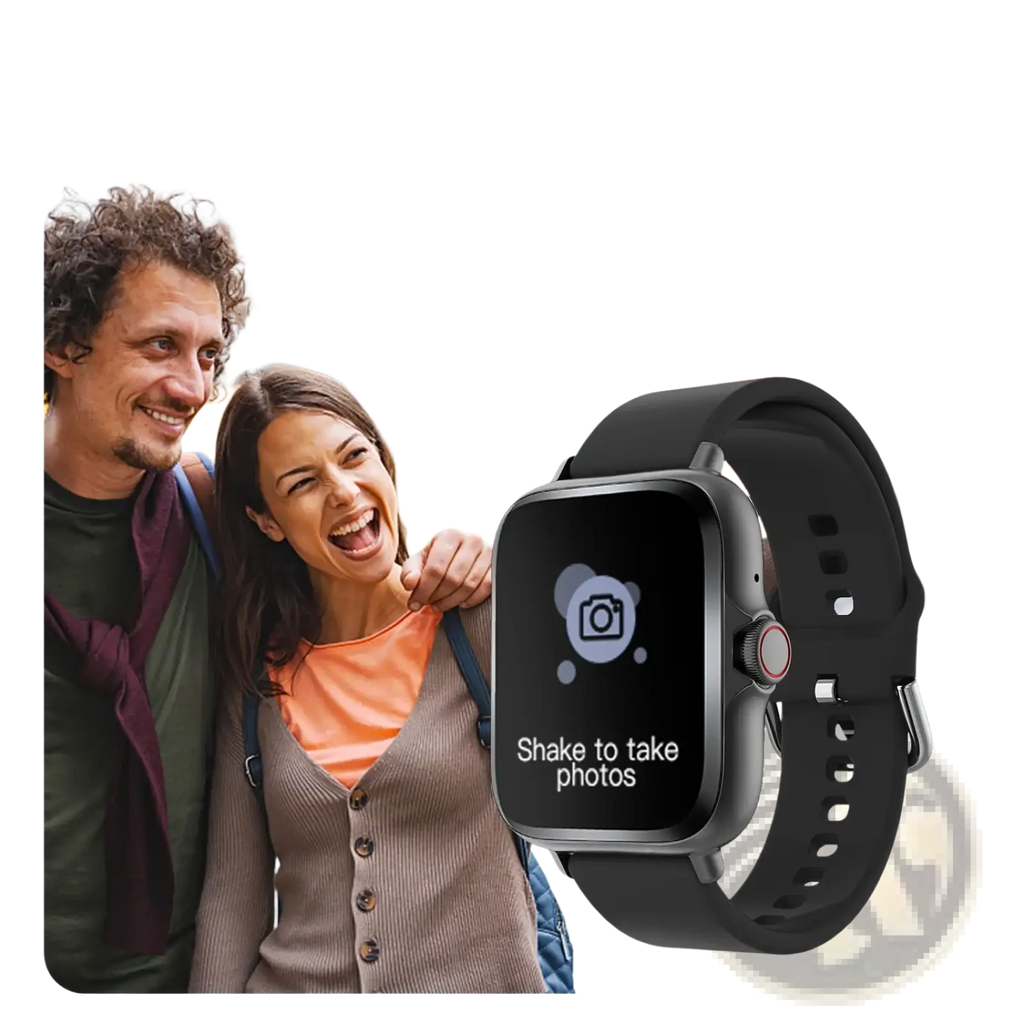 Black smartwatch bluetooth wireless calling fitness tracker with rectangular screen displaying shake to take photos feature