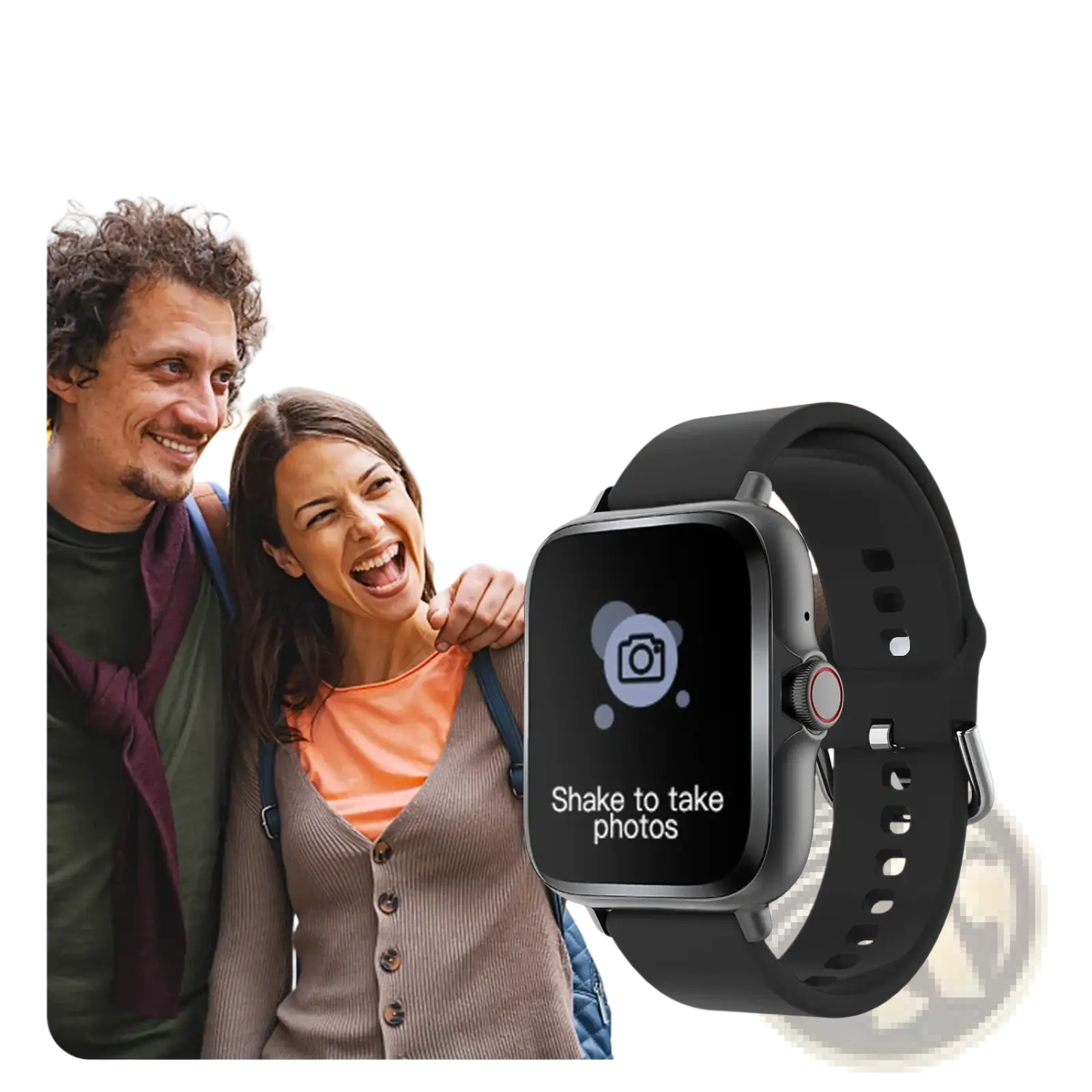 Black smartwatch bluetooth wireless calling fitness tracker with rectangular screen displaying shake to take photos feature