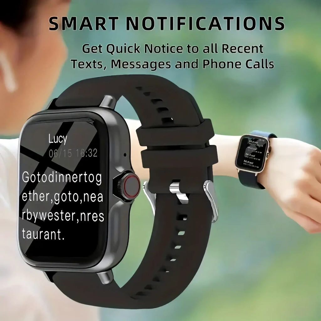 Black smartwatch with bluetooth wireless calling, fitness tracker features, silver bezel, rectangular screen, and silicone strap