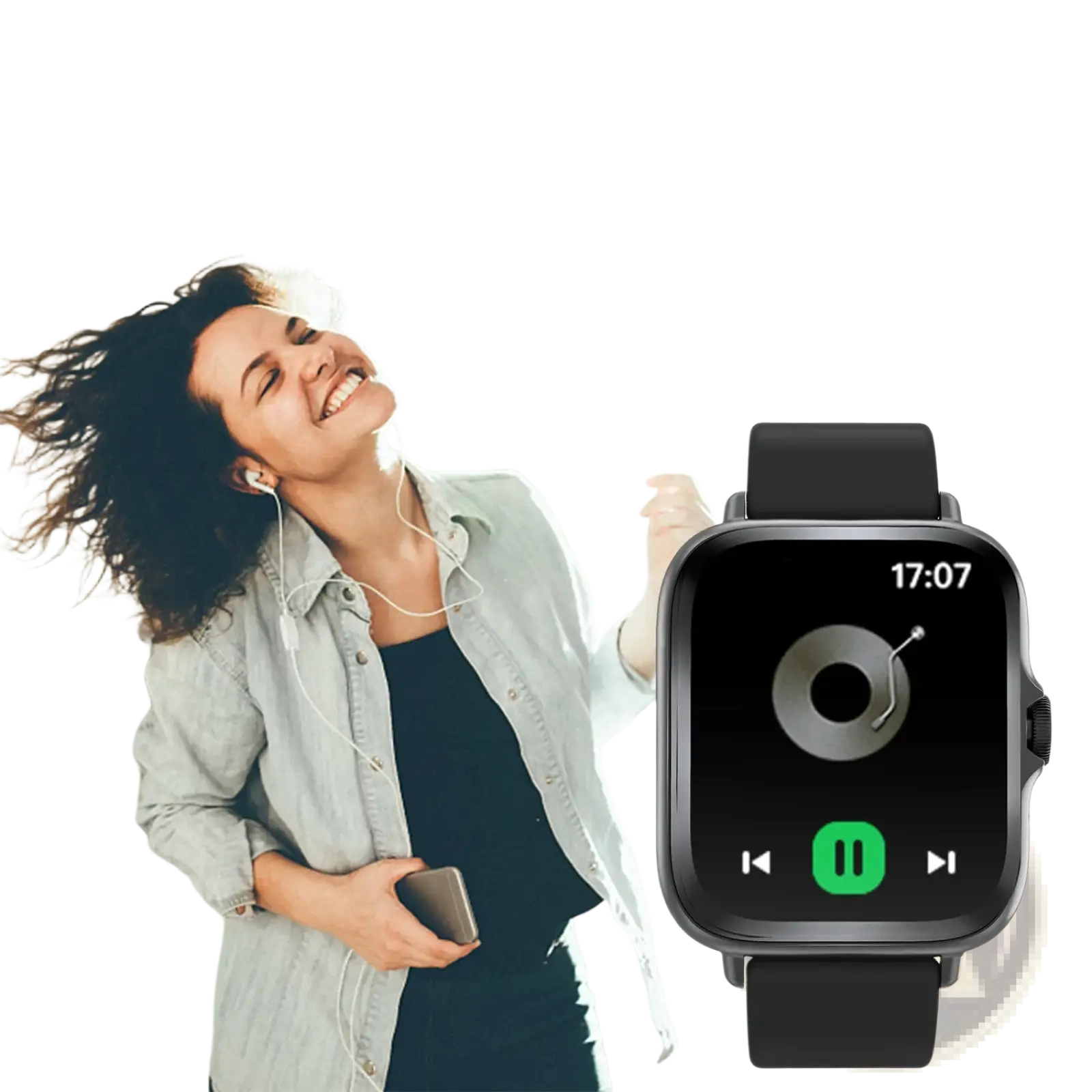 Black smartwatch with a square face and black strap displaying music controls in a bluetooth wireless calling fitness tracker