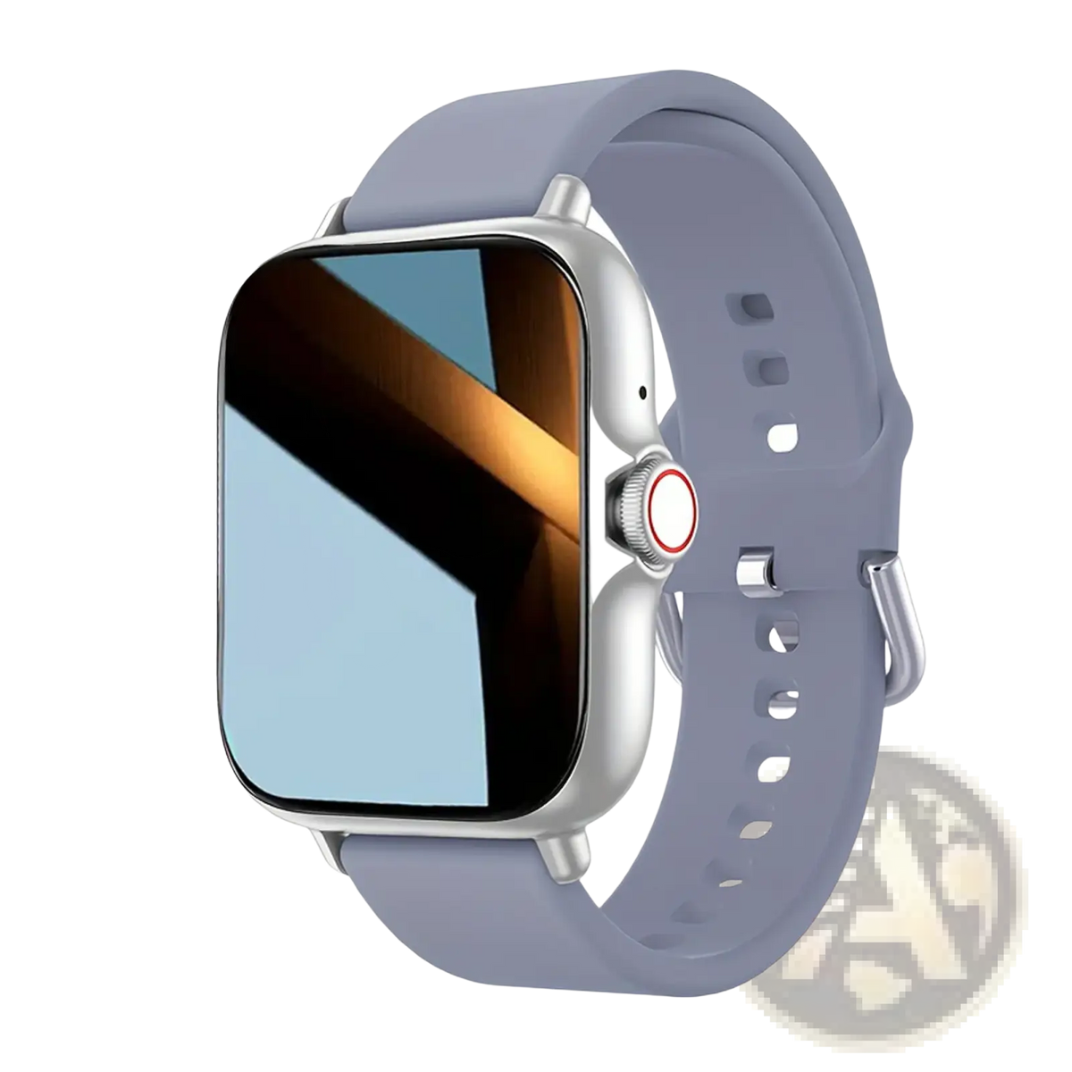 A sleek silver smartwatch with matte lavender silicone band and red-accented crown for wireless calling and fitness tracking