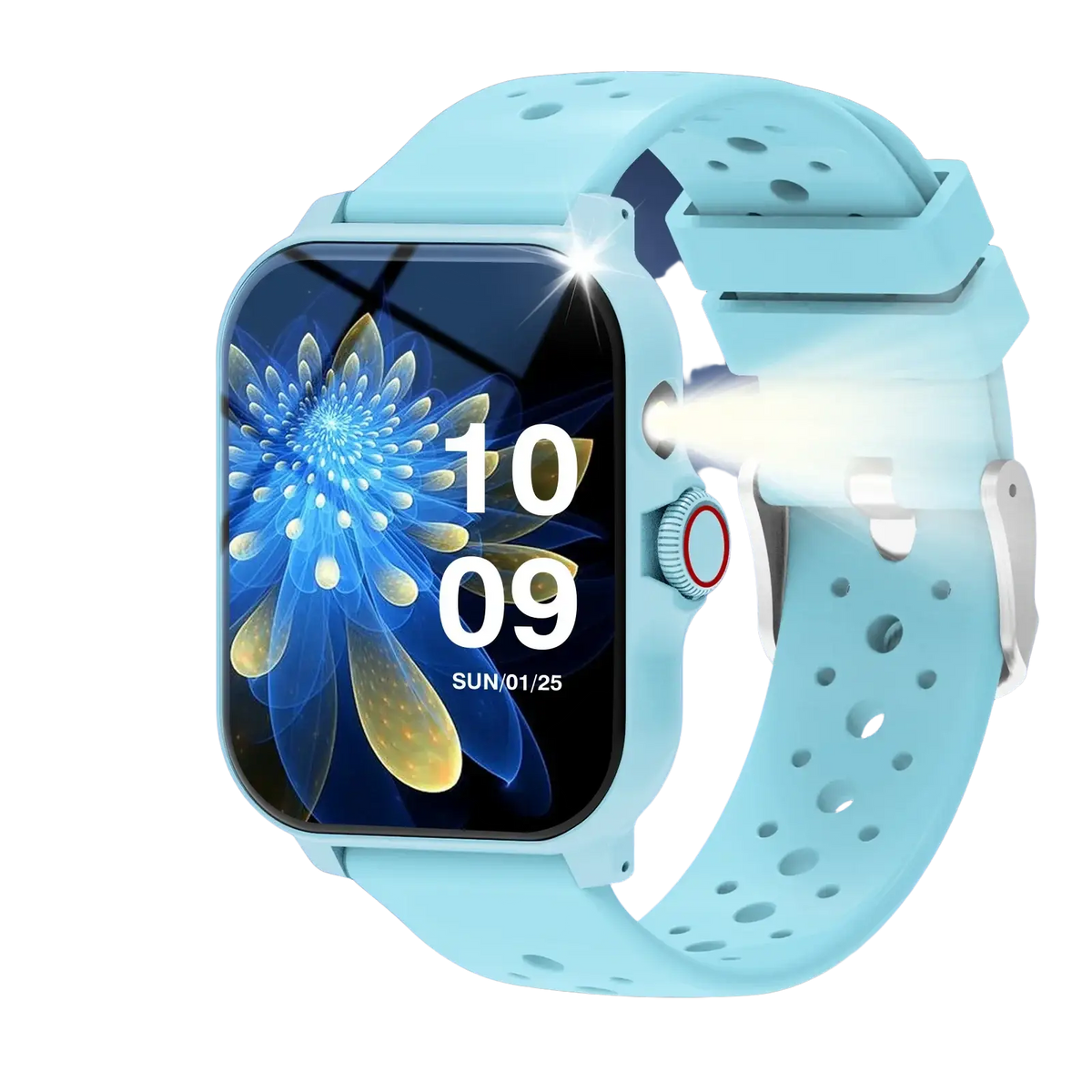 Light blue silicone smartwatch with rectangular screen displaying floral wallpaper and digital time for fitness tracking