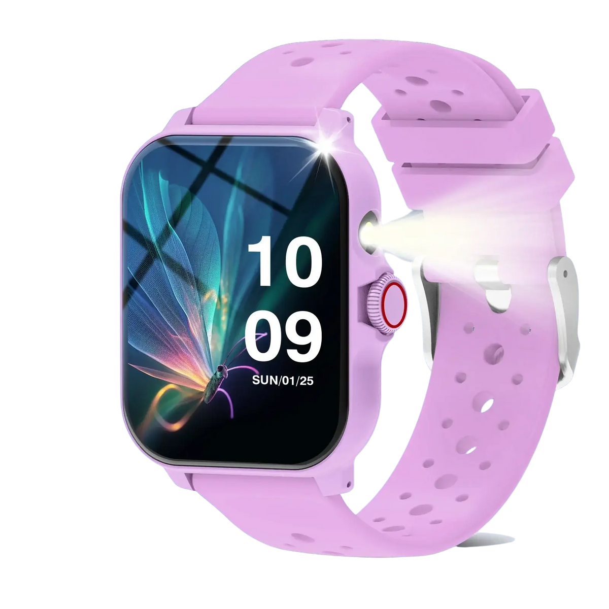 Pink silicone smartwatch with square digital display and red accent button for Bluetooth wireless calling and fitness tracking