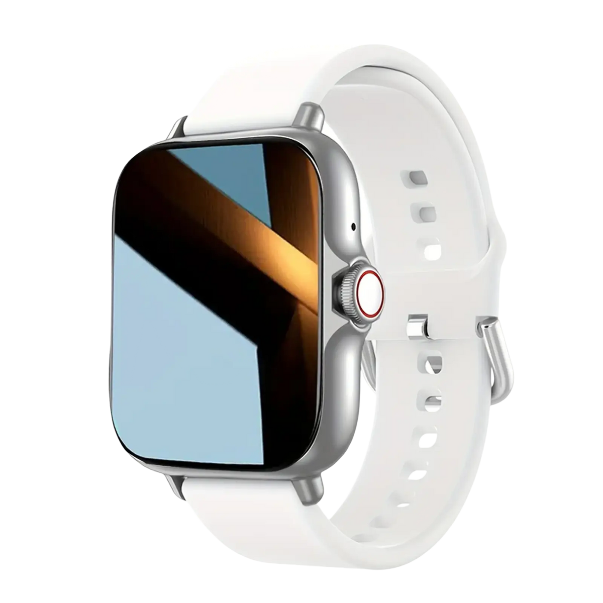 Silver-framed smartwatch with white silicone band and red-accented crown featuring bluetooth wireless calling and fitness tracking