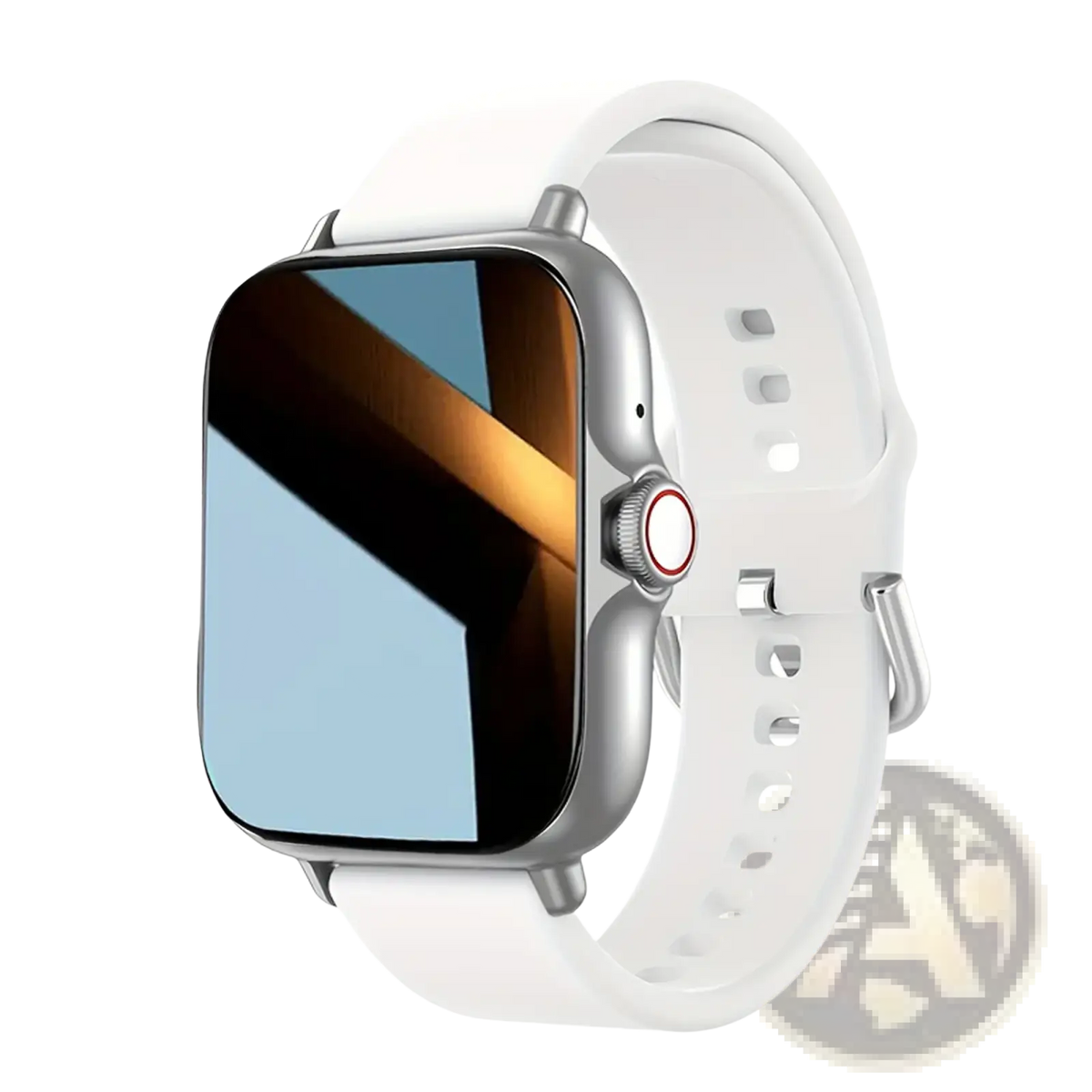 Silver-framed smartwatch with white silicone band and red-accented crown featuring bluetooth wireless calling and fitness tracking