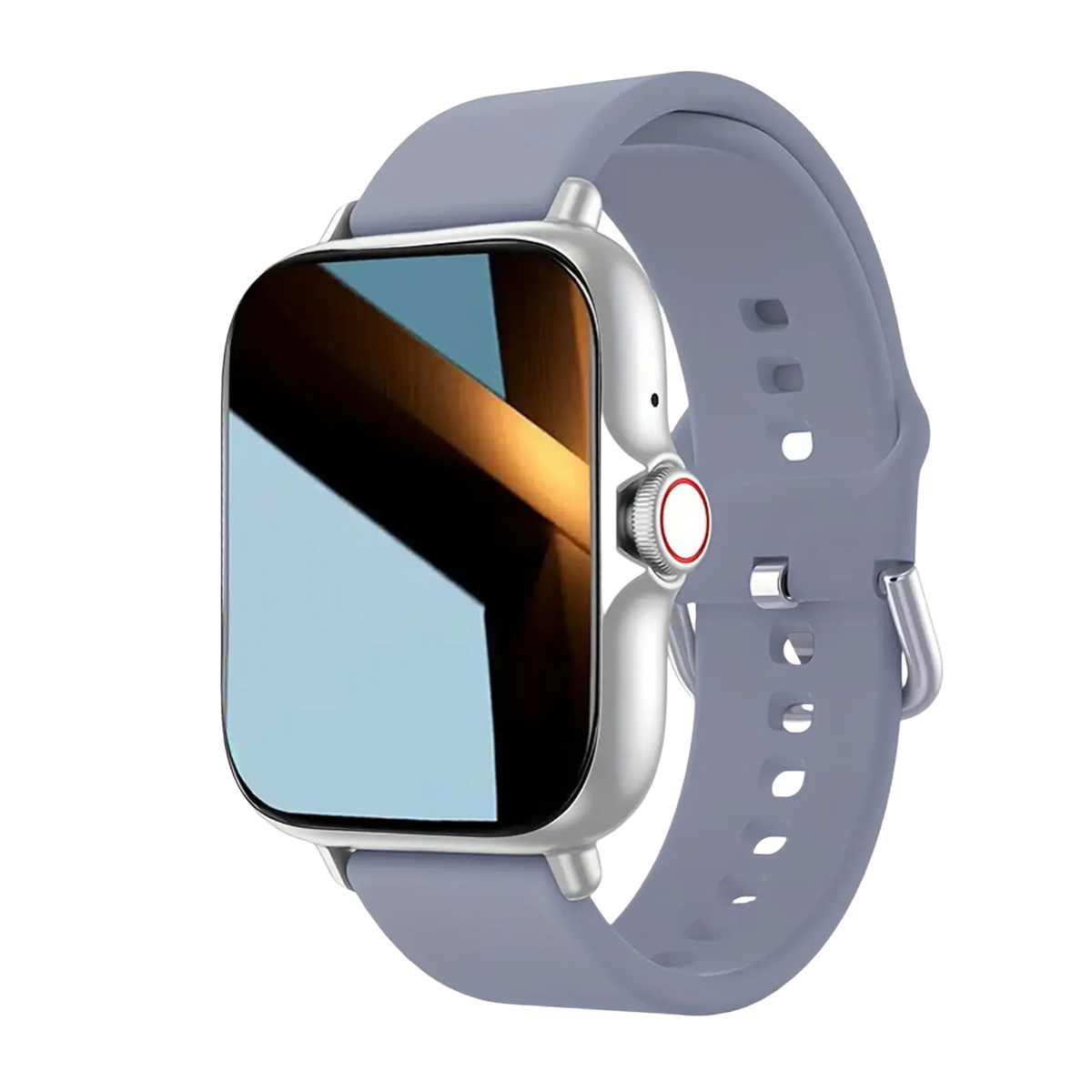 A sleek silver smartwatch with matte lavender silicone band and red-accented crown for wireless calling and fitness tracking