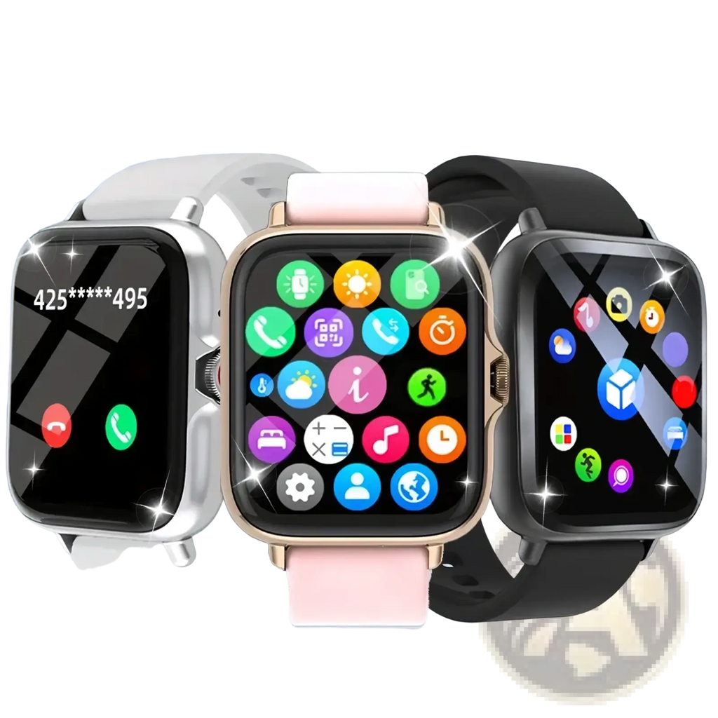 Smartwatch bluetooth wireless calling fitness tracker with rectangular screens and silver rose gold black bands