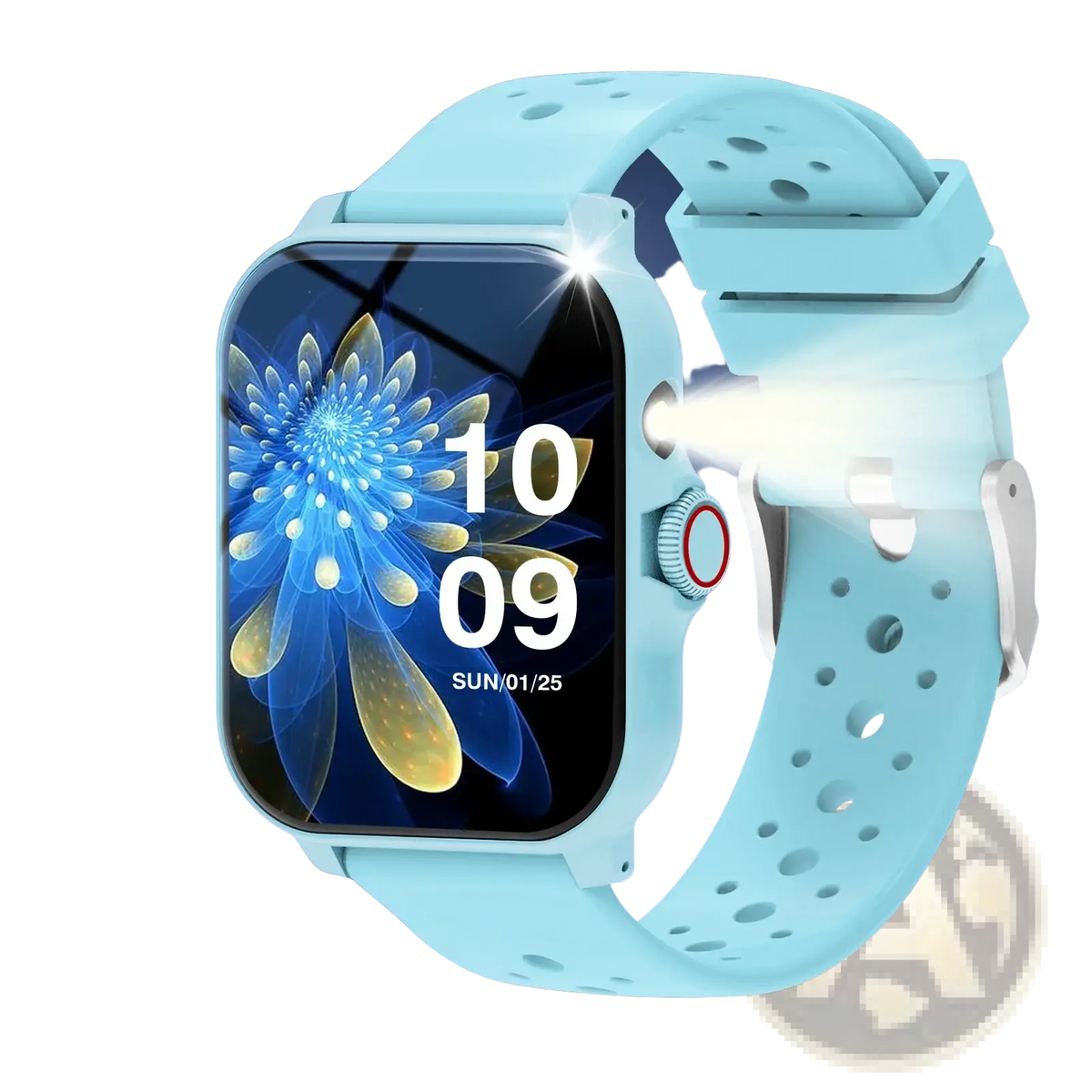 Light blue silicone smartwatch with rectangular screen displaying floral wallpaper and digital time for fitness tracking