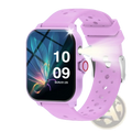 Pink silicone smartwatch with square digital display and red accent button for Bluetooth wireless calling and fitness tracking