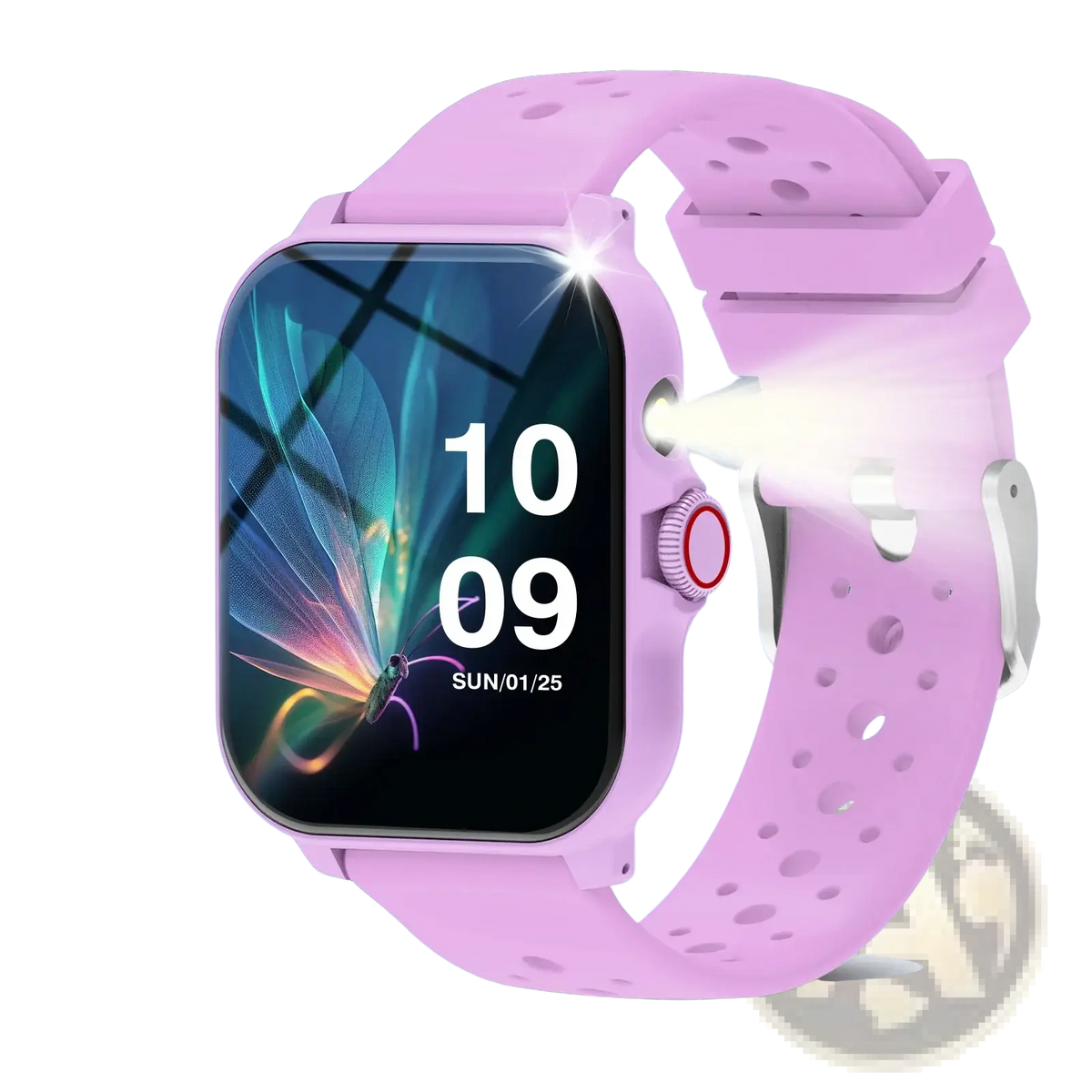 Pink silicone smartwatch with square digital display and red accent button for Bluetooth wireless calling and fitness tracking