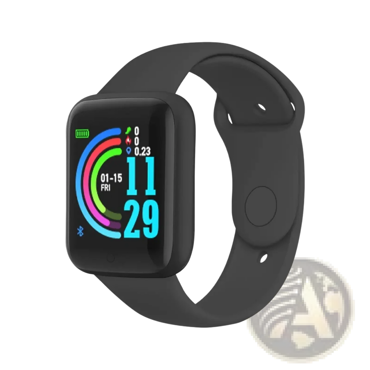Black rectangular smartwatch fitness tracker with colorful digital display and silicone strap for sports use