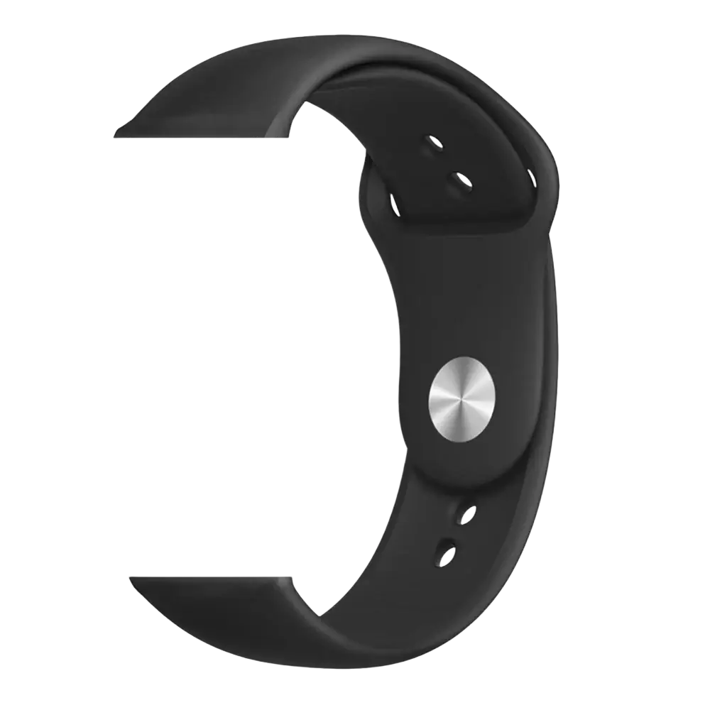 Black silicone watch band with silver-toned circular buckle for smartwatch fitness tracker bluetooth sports watch