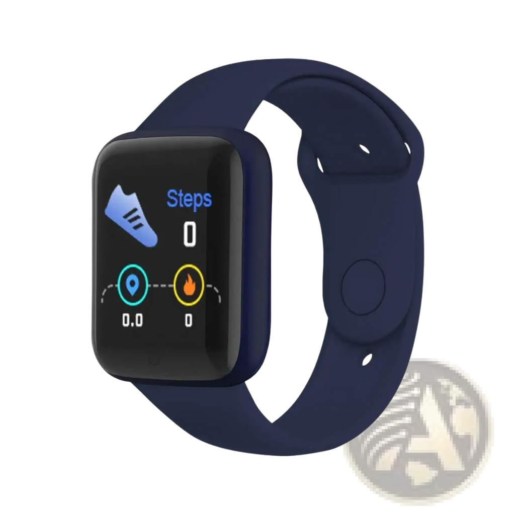 Navy blue silicone smartwatch fitness tracker with rectangular screen displaying fitness metrics for sports use