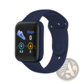 Navy blue silicone smartwatch fitness tracker with rectangular screen displaying fitness metrics for sports use