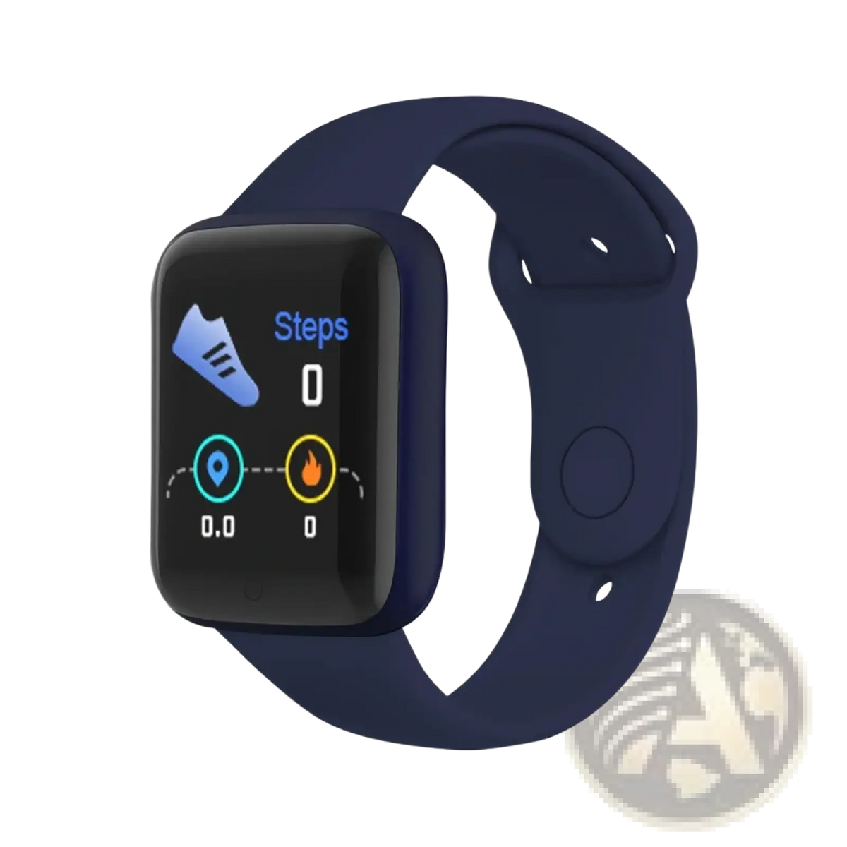 Navy blue silicone smartwatch fitness tracker with rectangular screen displaying fitness metrics for sports use