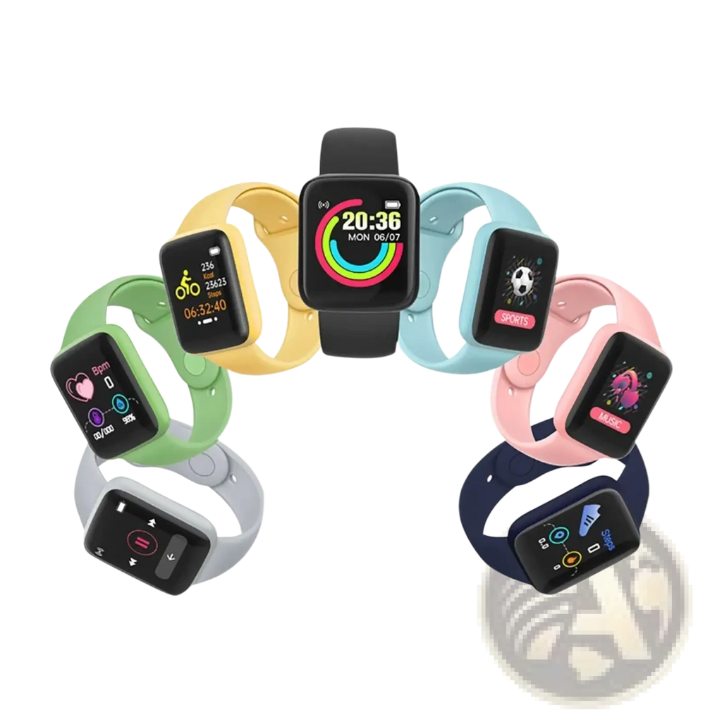 Colorful smartwatch fitness trackers with rectangular screens and silicone bands in black yellow green and more shades
