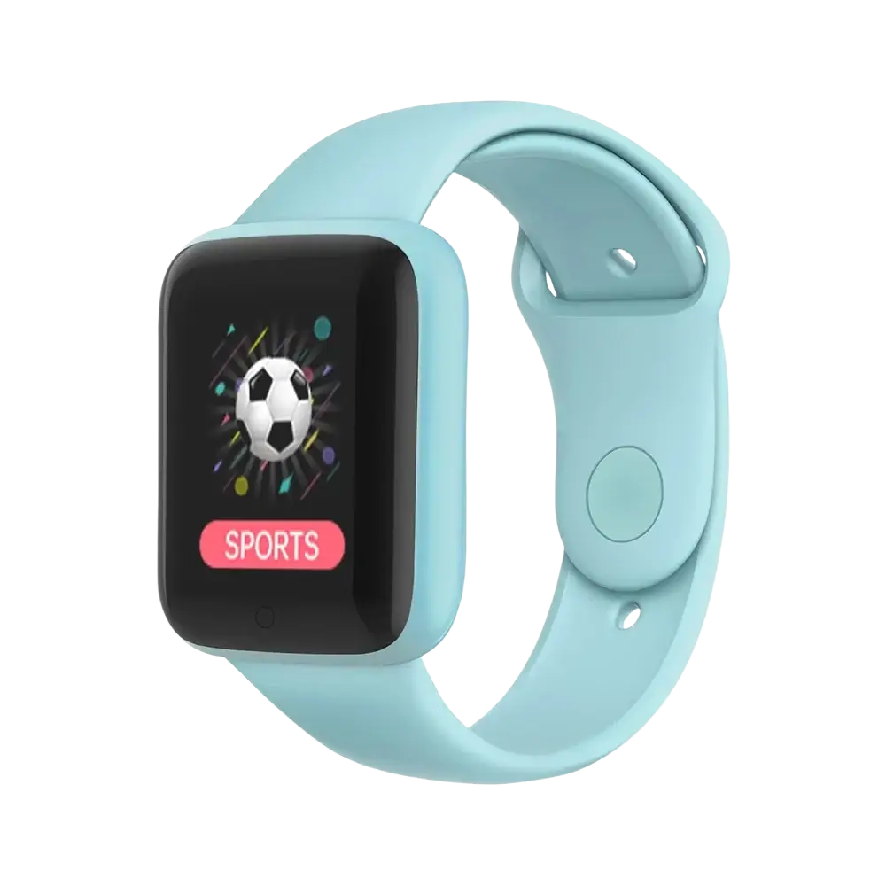 Light blue silicone smartwatch fitness tracker with rectangular screen displaying soccer ball and sports button