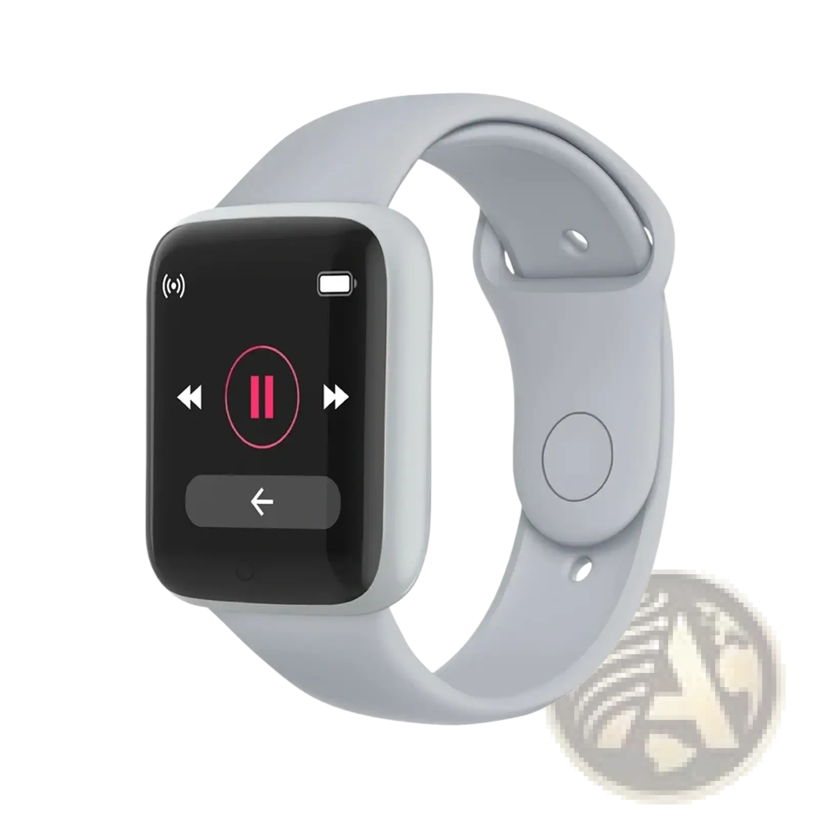 Light gray smartwatch fitness tracker with rectangular screen showing music controls and minimalist design for sports use