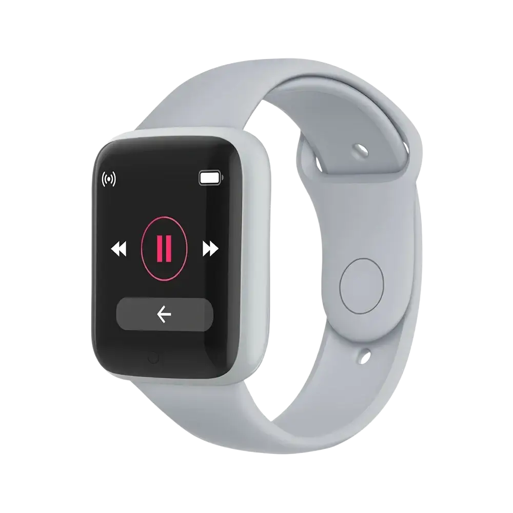 Light gray smartwatch fitness tracker with rectangular screen displaying music controls and minimalist design