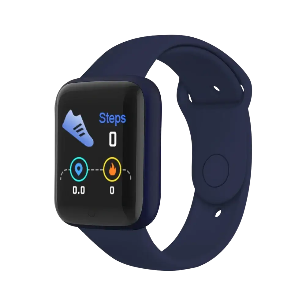 Navy blue silicone smartwatch fitness tracker with rectangular screen displaying fitness metrics for sports use