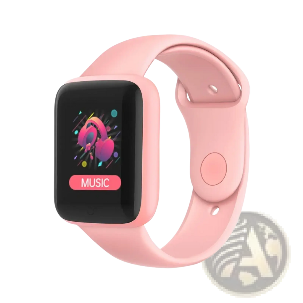 Pink silicone smartwatch fitness tracker with rectangular screen displaying a music app interface for sports use
