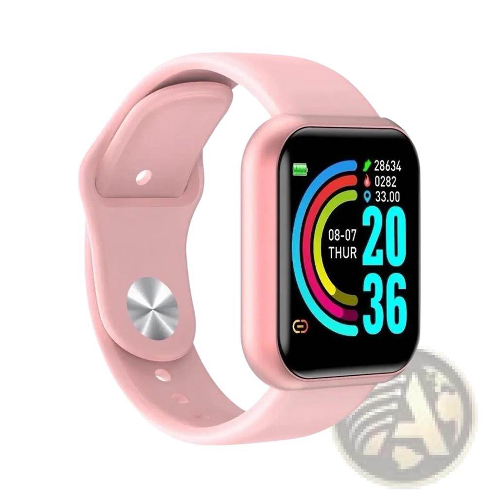 Pink silicone smartwatch fitness tracker with rectangular screen displaying colorful metrics and time for sports use