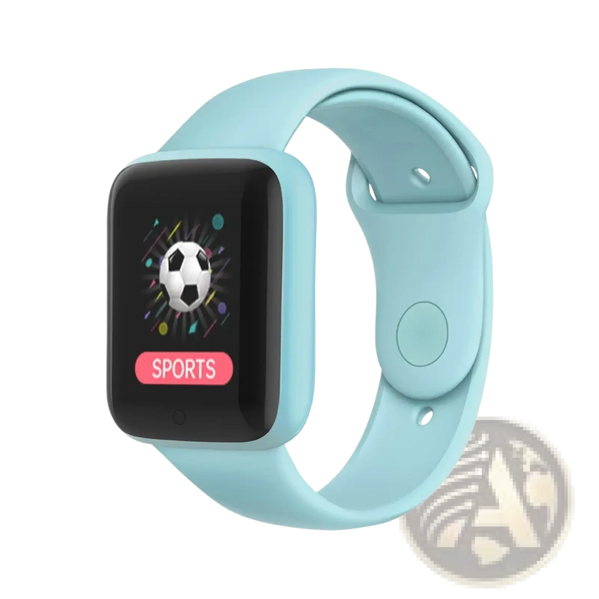 Light blue silicone smartwatch fitness tracker with rectangular screen displaying soccer ball and sports button