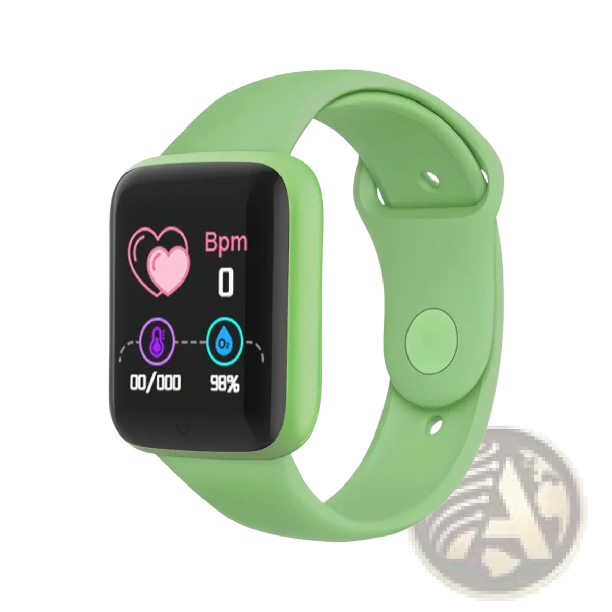 A sleek lime green silicone smartwatch fitness tracker with a rectangular black screen displaying health metrics
