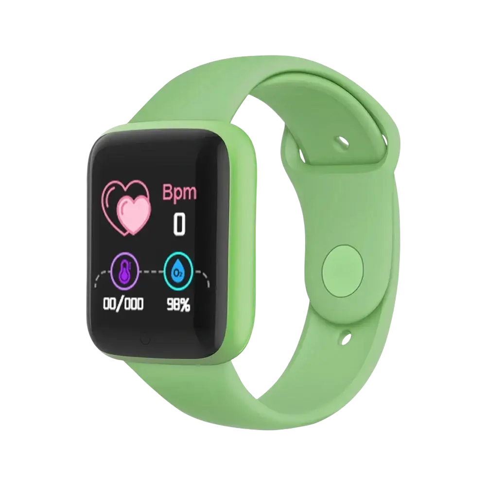 A sleek lime green silicone smartwatch fitness tracker with a rectangular screen displaying health metrics