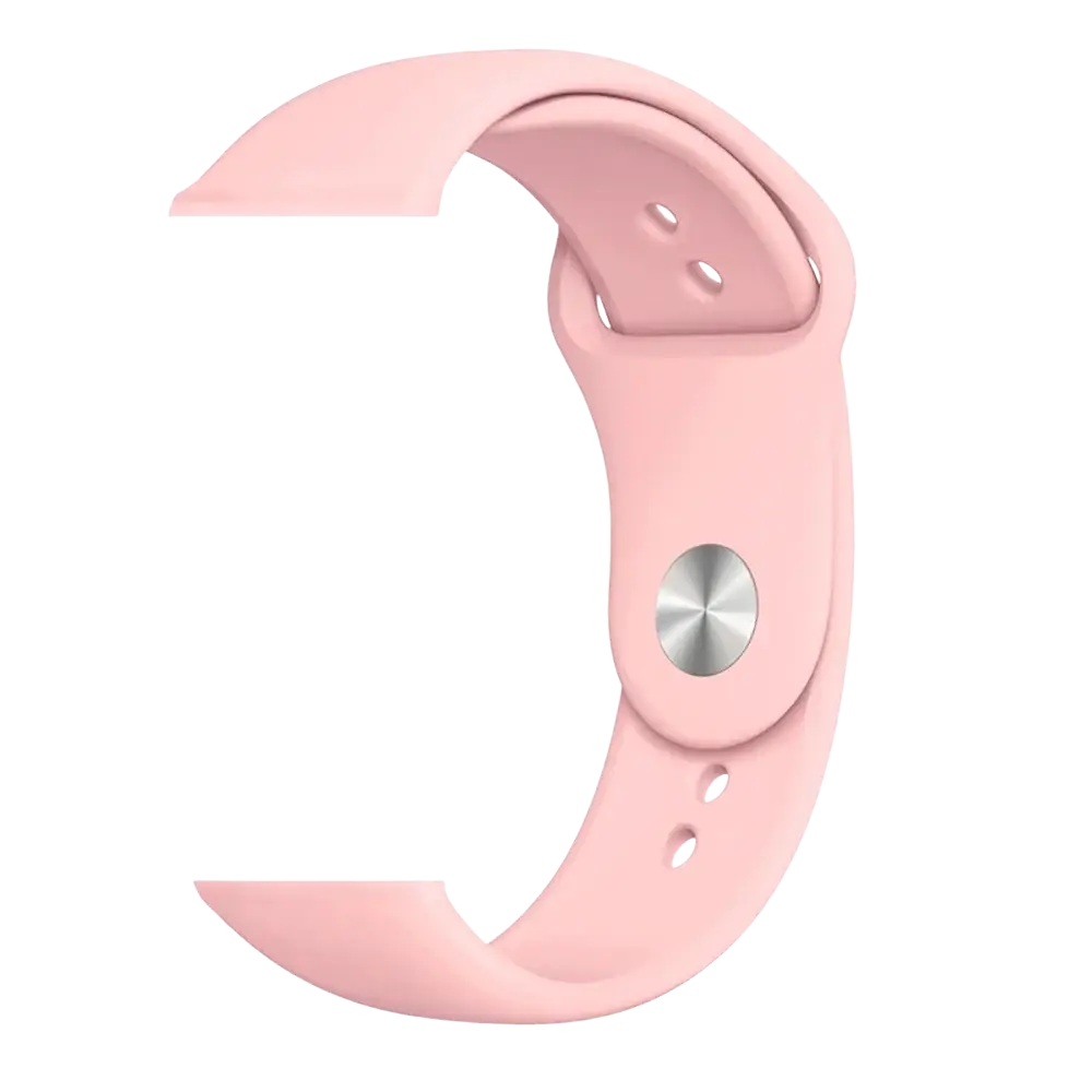 A soft pink silicone watch band with a sleek silver-toned magnetic clasp for a smartwatch fitness tracker