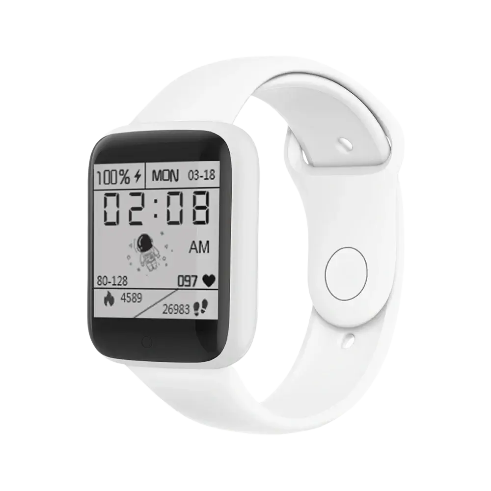 White digital smartwatch fitness tracker with sleek design and black screen displaying health metrics and battery level