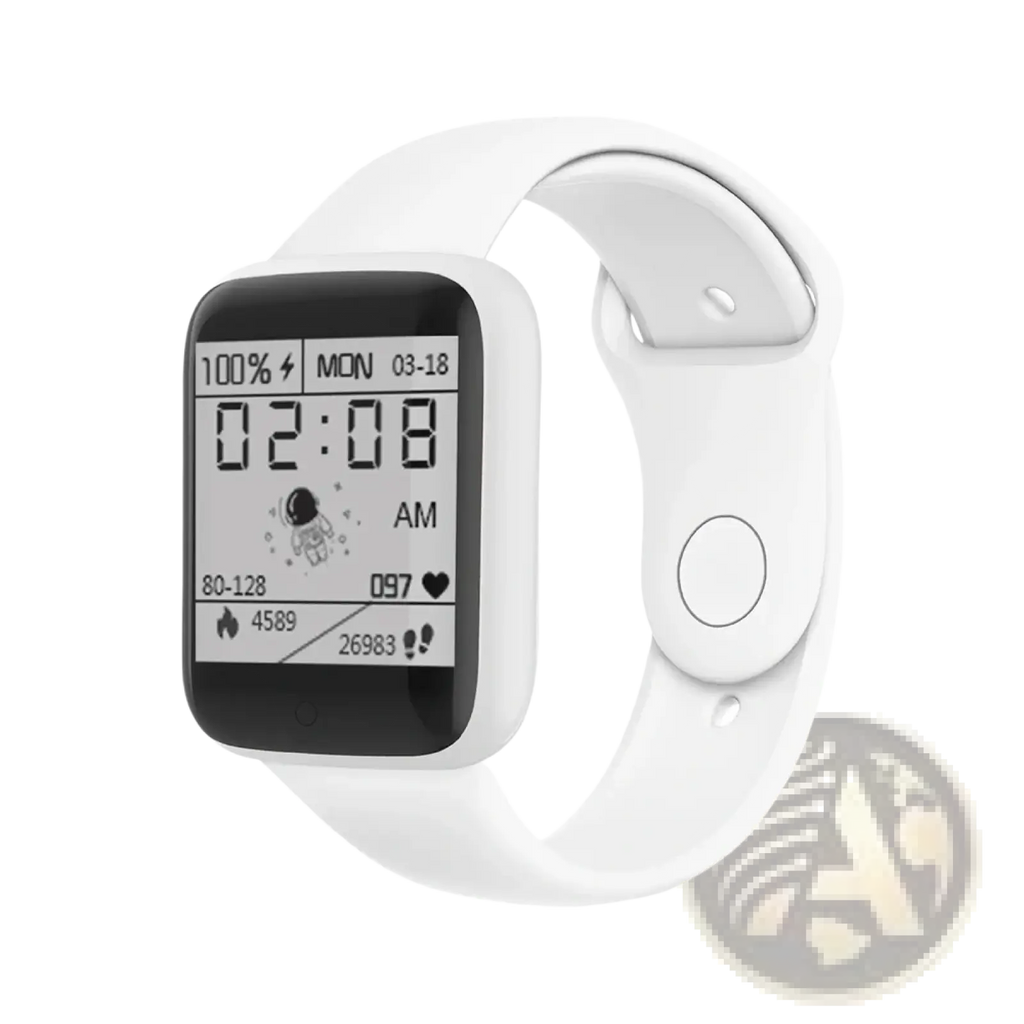 White digital smartwatch fitness tracker with sleek black screen showing time date steps heart rate and battery level