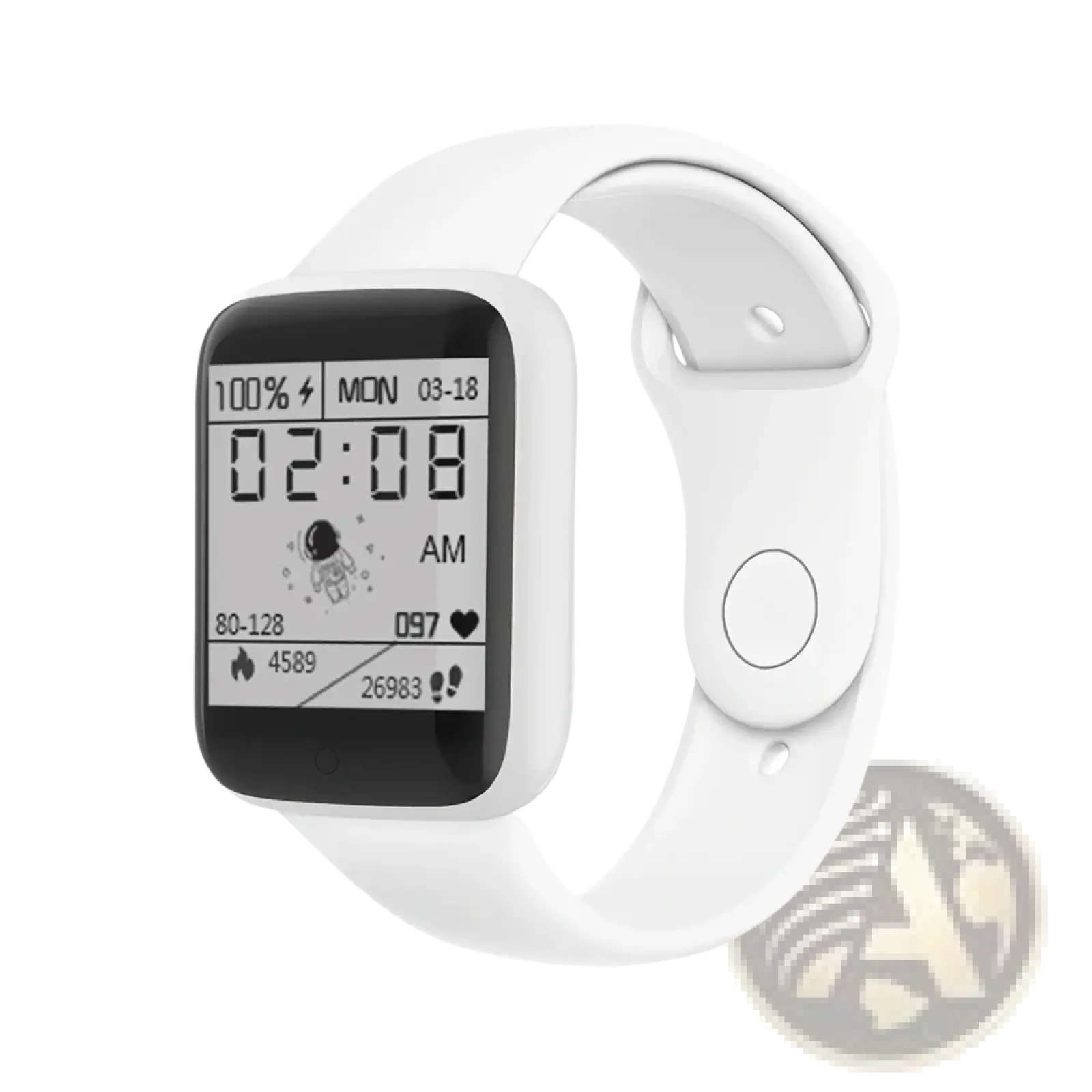 White digital smartwatch fitness tracker with sleek black screen showing time date steps heart rate and battery level