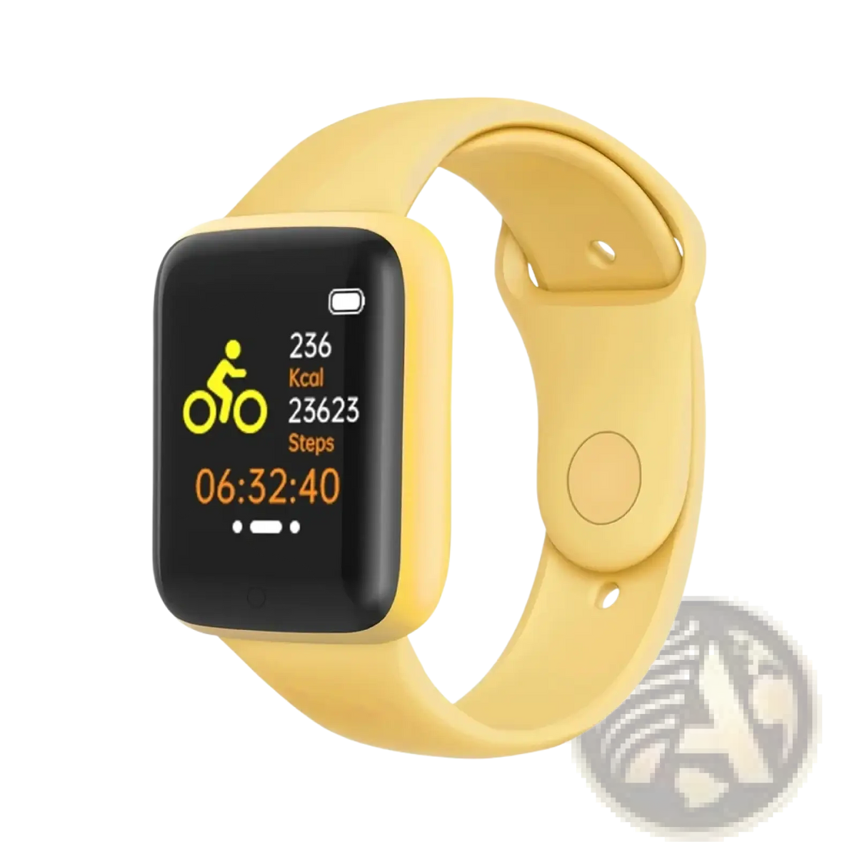 Yellow silicone smartwatch fitness tracker with black screen displaying fitness metrics in yellow and orange text